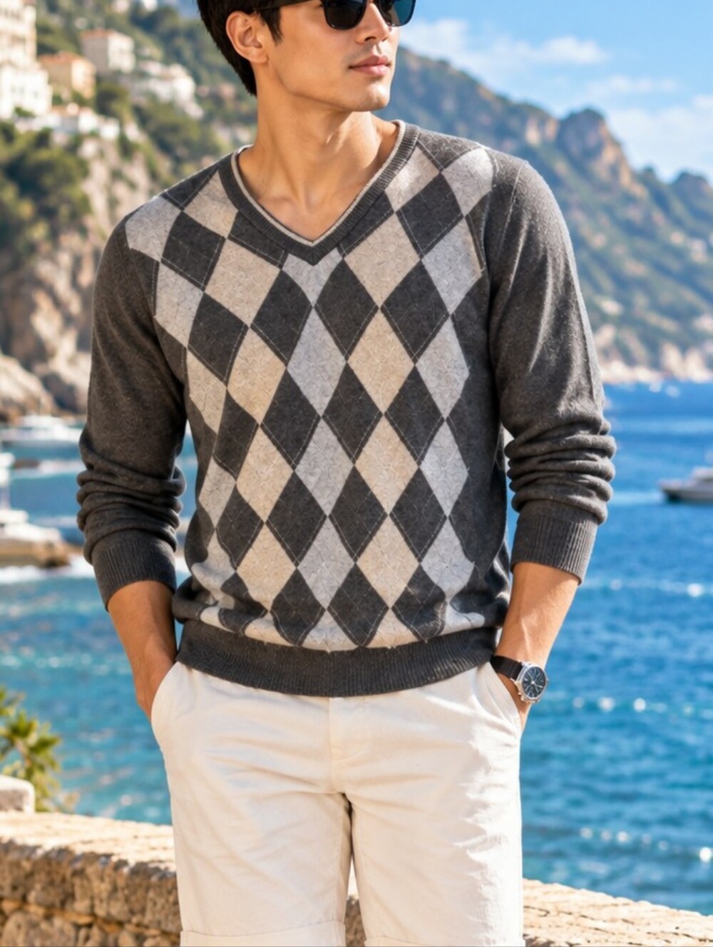 Le Château Men’s 100% Cotton Argyle V-Neck Sweater Size L
